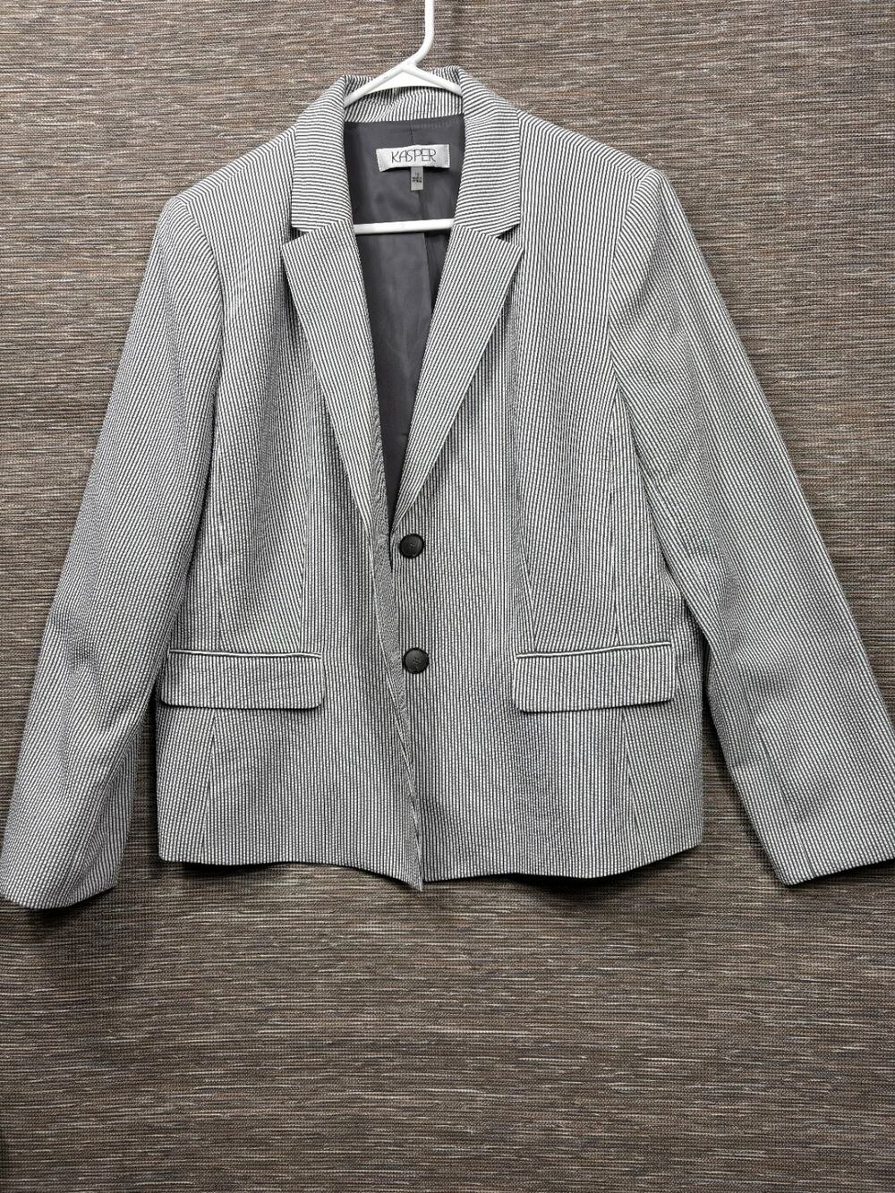 Kasper Blazer Jacket Womens Size 18 Gray Black Pinstripe Two Buttons Casual